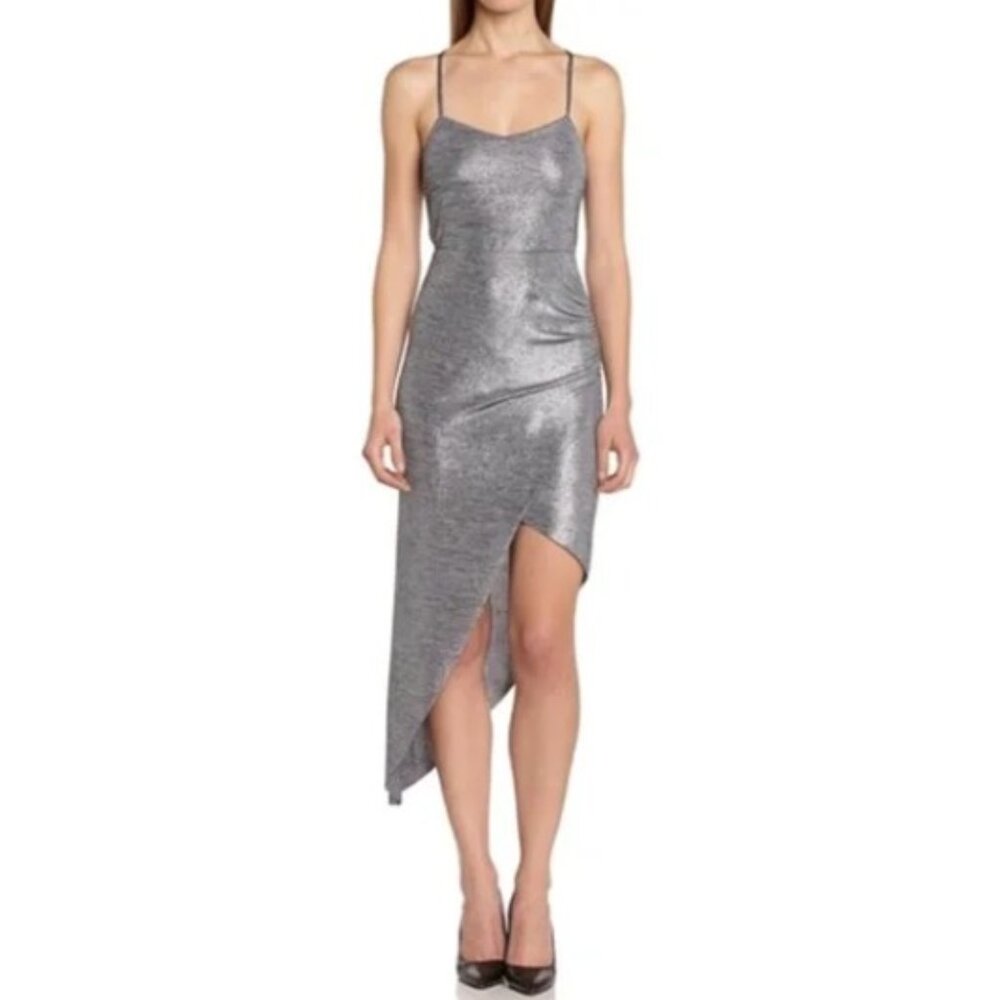 BCBGeneration Asymmetrical Ruched Midi Dress Liquid Silver Metallic Size Medium